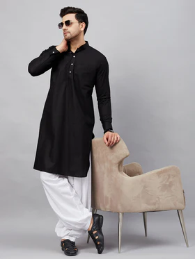 Men’s Black Cotton Blend Pathani Suit SetDESCRIPTION