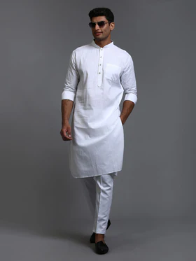 Men’s White Cotton Blend Pathani Kurta With Pant Set