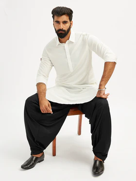 Men’s White And Black Viscose Pathani Kurta Set