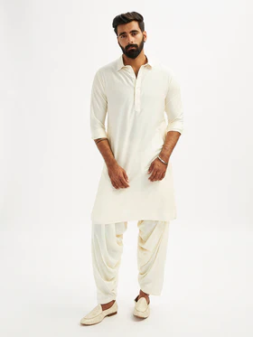 Men’s Cream Viscose Pathani Kurta Set