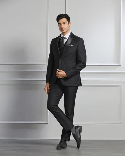 Luxe Three Piece Black Solid Formal Suit - Meriner - Image 4