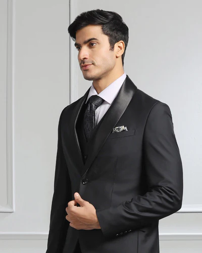 Luxe Three Piece Black Solid Formal Suit - Meriner - Image 3