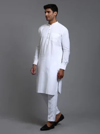 Men’s White Cotton Blend Pathani Kurta With Pant Set