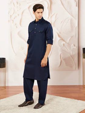 Men’s Blue Cotton Pathani Suit Set