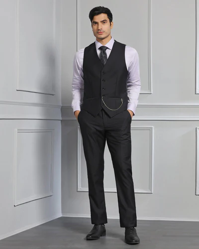 Luxe Three Piece Black Solid Formal Suit - Meriner - Image 2