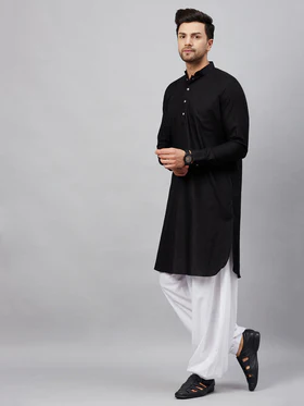 Men’s Black Cotton Blend Pathani Suit SetDESCRIPTION