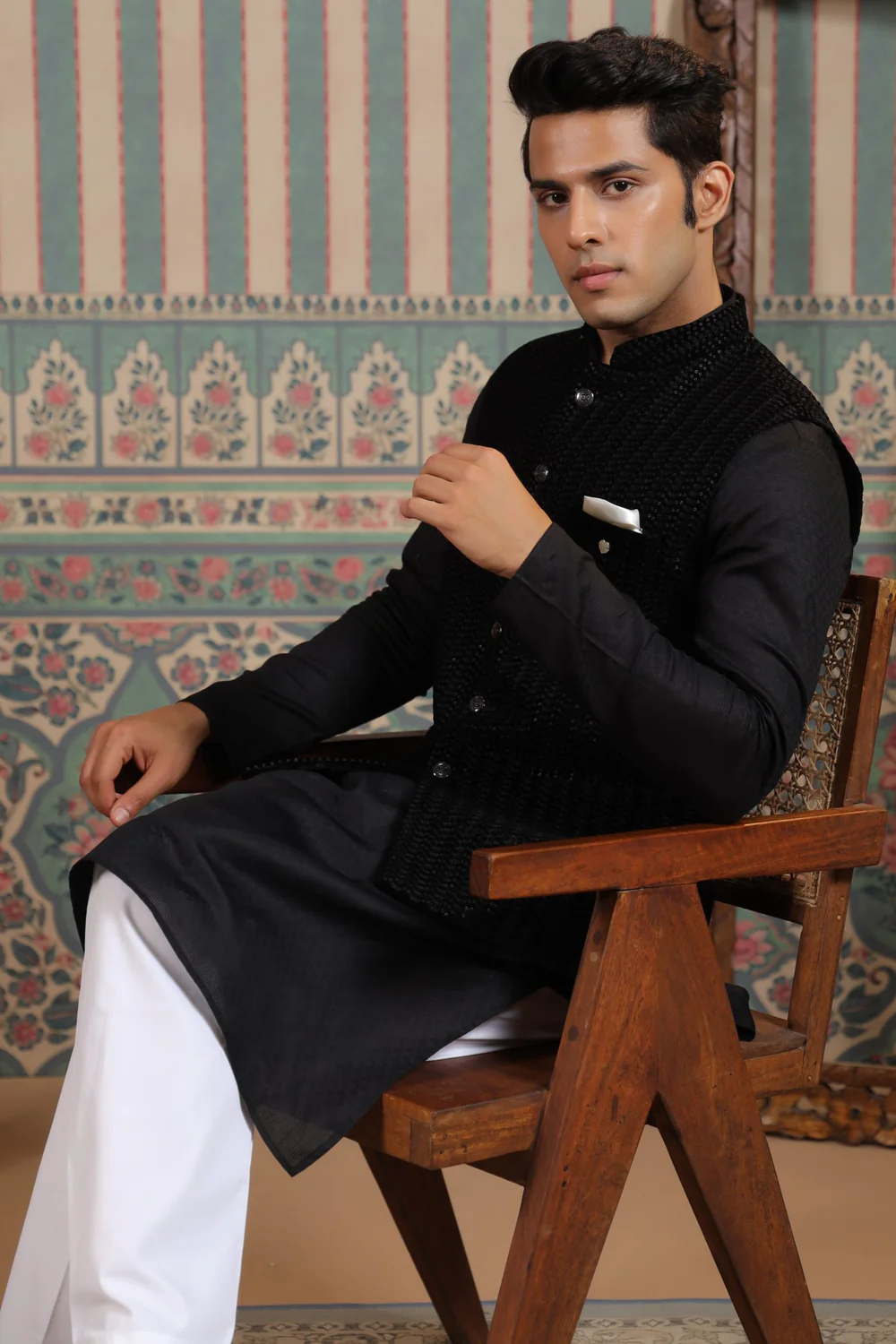 Black Color Embroidery Velvet Waist Coat For Men - Image 4