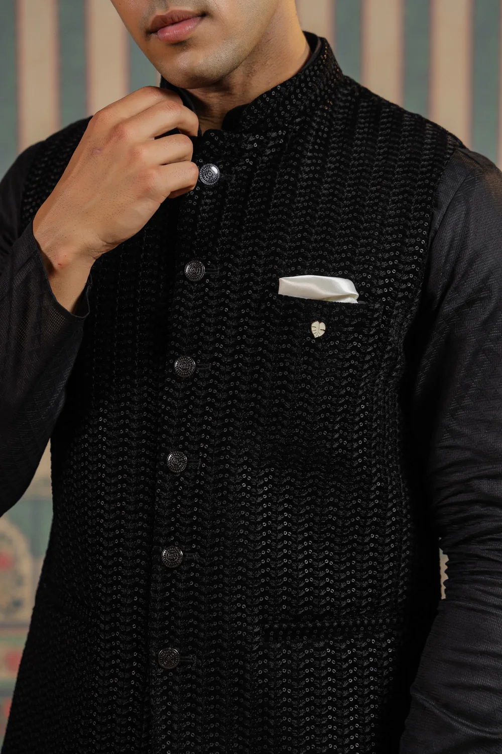 Black Color Embroidery Velvet Waist Coat For Men - Image 3