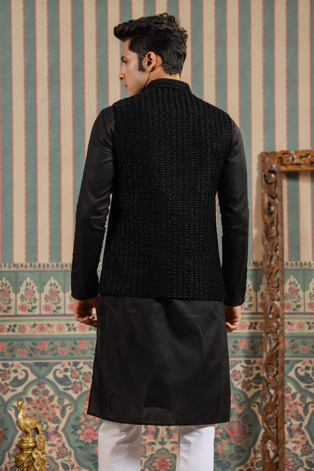 Black Color Embroidery Velvet Waist Coat For Men - Image 2