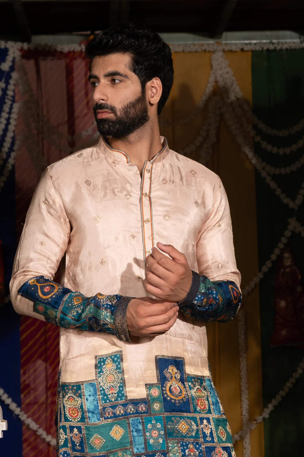Peach Color Zari Work Embroidery Kurta Pajama For Men - Image 3