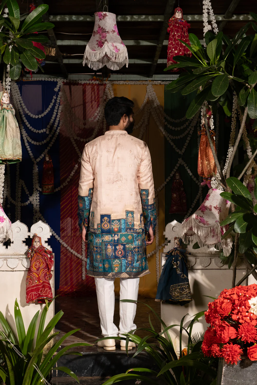 Peach Color Zari Work Embroidery Kurta Pajama For Men - Image 2